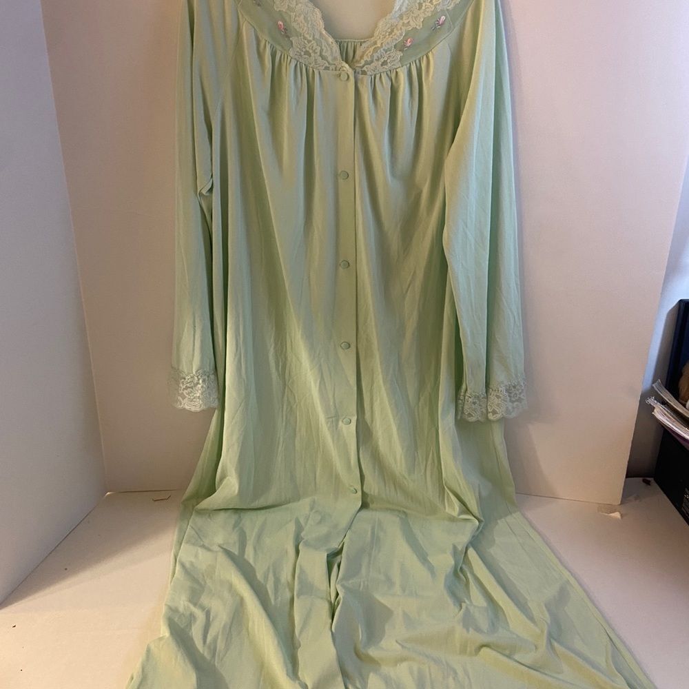 Green‎ shadowline robe pink flowers neckline lace trim nylon USA Large L